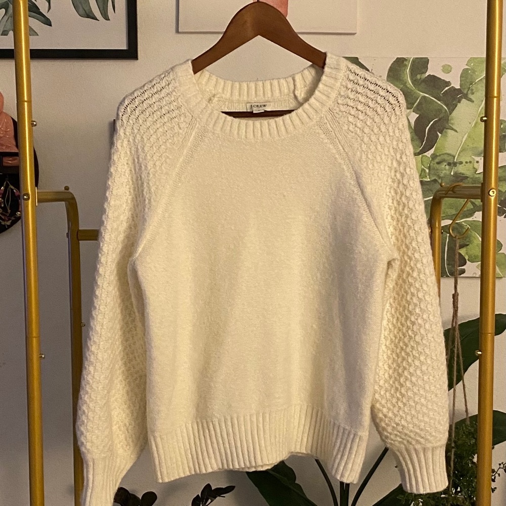 JCREW - Ivory White Honeycomb Balloon-Sleeve Sweater
